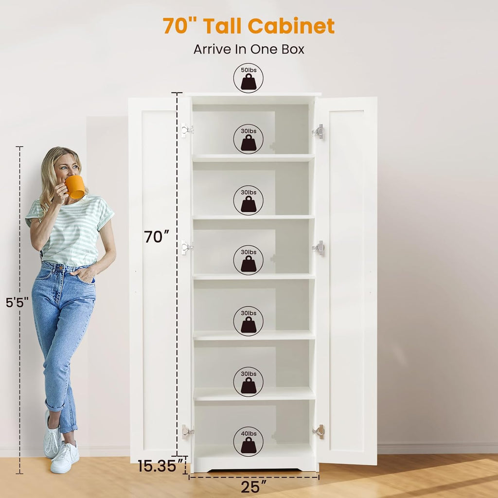 White Tall Storage Pantry Cabinet with 2 Doors and 6 Adjustable Shelves W154534