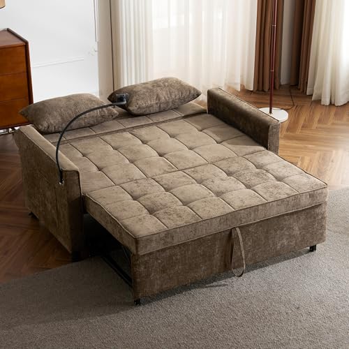 3 in 1 Convertible Sleeper Sofa Bed Futon Couch with USB Ports Brown V133023