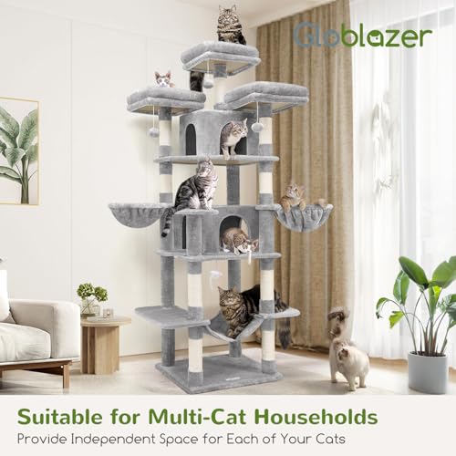 Light Grey 80inch Cat Tree with Scratching Post, Hammock, 3 Perches, 2 Condos, 2 Hanging Basket B841506
