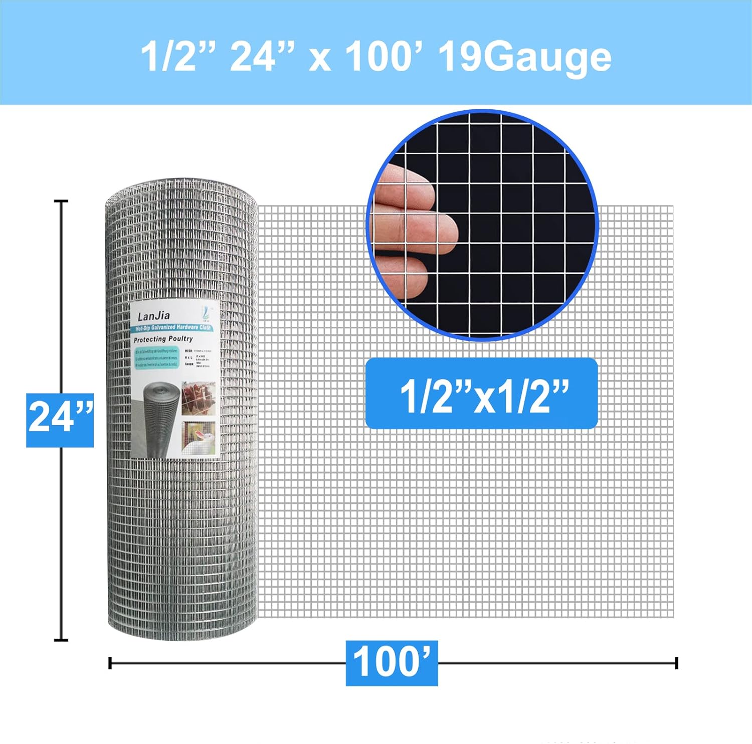 1/2inch Galvanized Hardware Cloth 24" x 100' 19 Gauge Chicken Wire Mesh Roll P45820