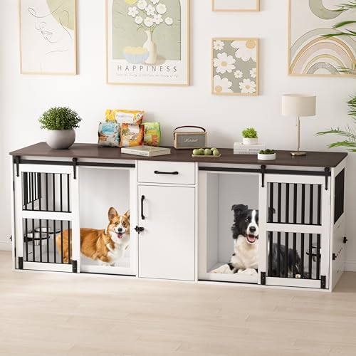 84.5" Double Medium Dog Crate Furniture with Drawer and Cabinet, Barn Sliding Doors, Rotatable Dog Bowls Feeder I207