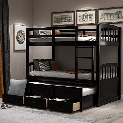 Twin Over Twin Solid Wood Bunk Bed with Storage Drawers and Trundle (Espresso) I26856