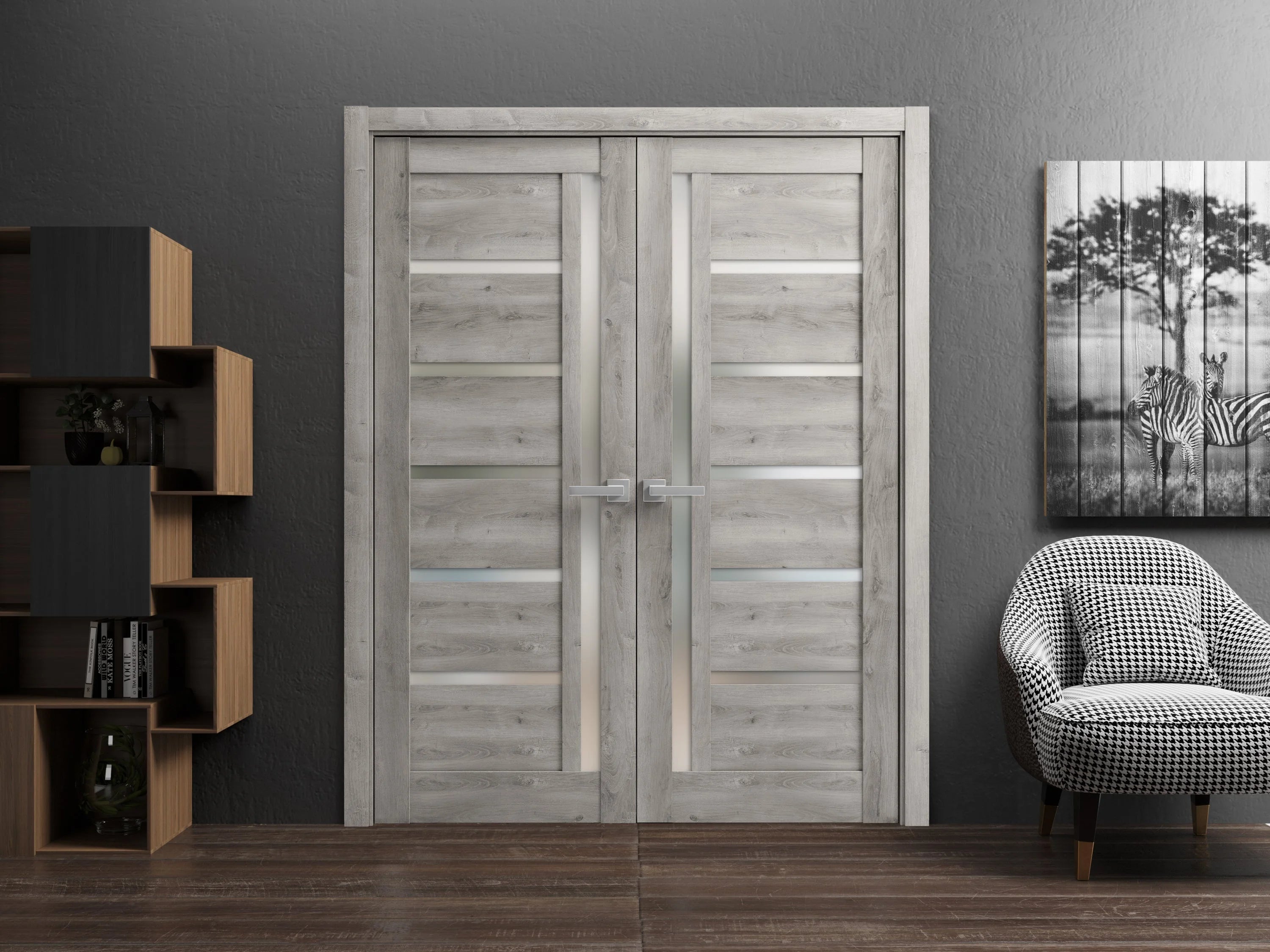 Solid French Double Doors 48 x 80 inches with Frosted Glass Wood Frame S816213