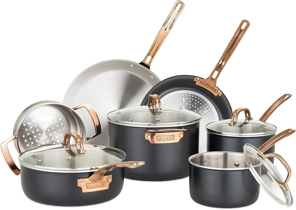 11 piece 3-Ply Black Copper Cookware Set with Glass Lids Y84499