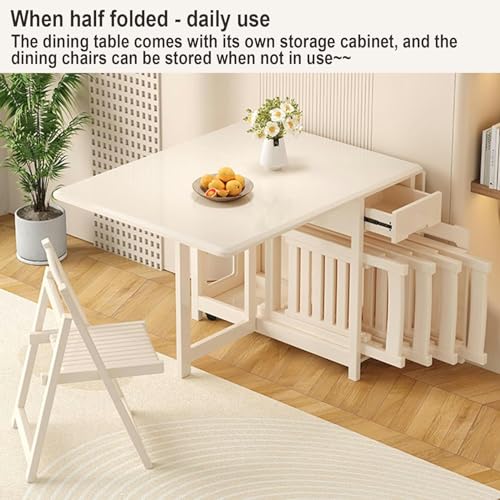 White Folding Dining Table with 4 Brake Wheels, Drawers, Storage Cabinet, 140CM Y375810