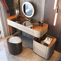 Vanity Desk Mirror and Lights, Dressing Table & Flexible Side Cabinet & Makeup Stool, Wood Frame Leather Finish Glass Top (47in) S691087