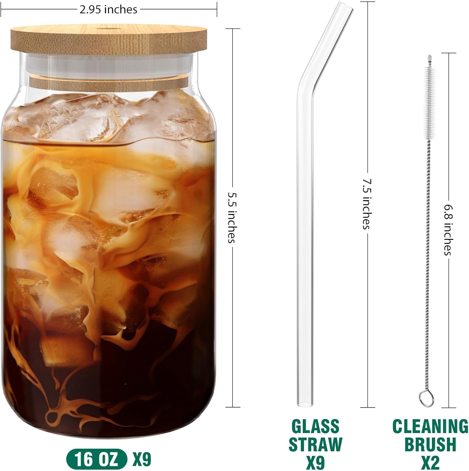 9pcs 16 oz Drinking Glasses with Bamboo Lids and Glass Straw X3799