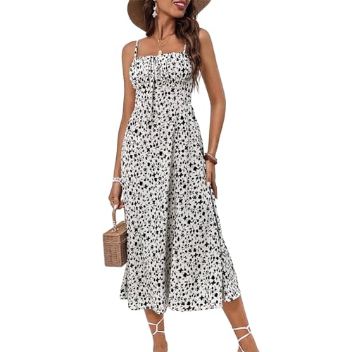 Spaghetti Strap Sleeveless Smocked Floral Print Maxi Beach Sundress Y1728