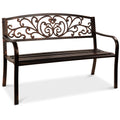 Brown Outdoor Steel Bench with Floral Design Backrest V38910