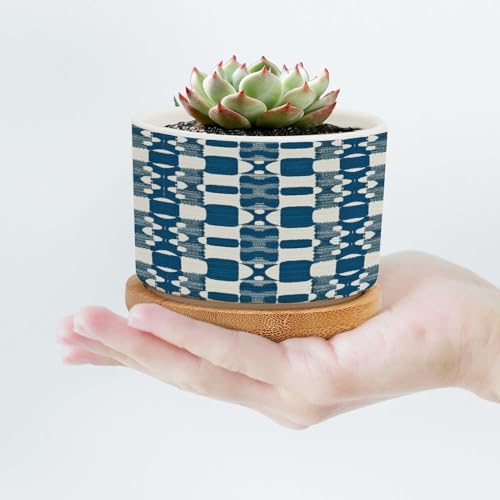 Blue and White Ceramic Planters with Drainage Holes and Saucers F58361