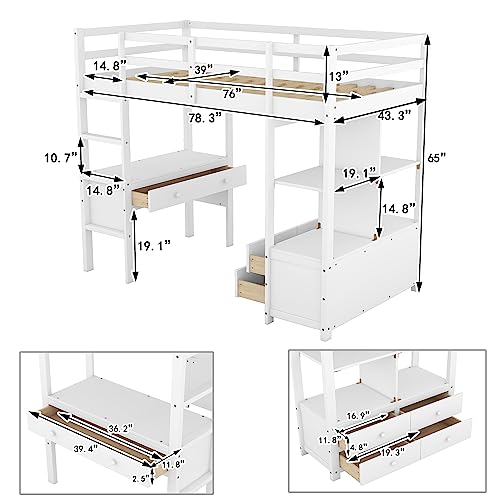 Solid Wood Twin Loft Bed with Desk, Storage Shelves, Drawers, Ladder, Guardrail L246