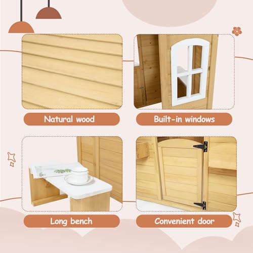 Wooden Playhouse with Window, Mailbox, Picnic Bench, Fenced, 39" x 38" x 55.5" C423489