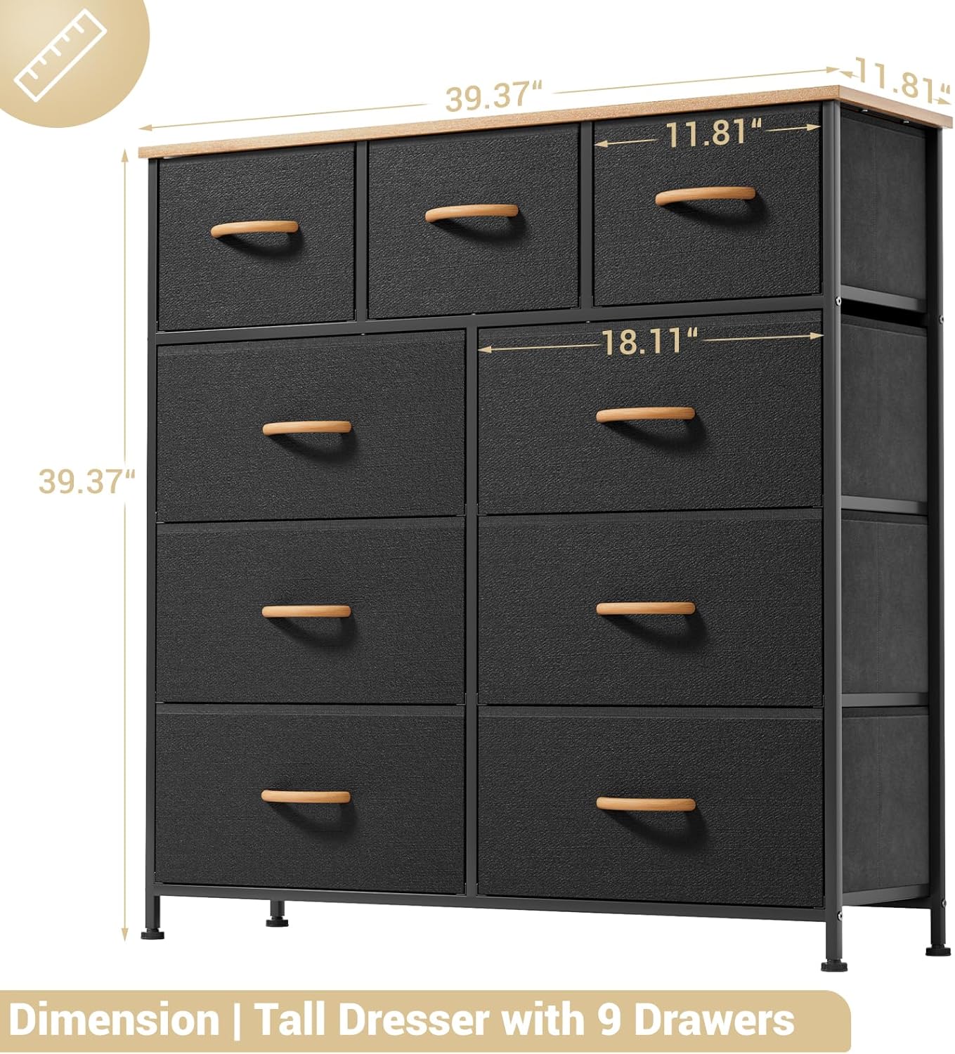 Black 9 Drawer Dresser with Steel Frame and Wood Top Q72060