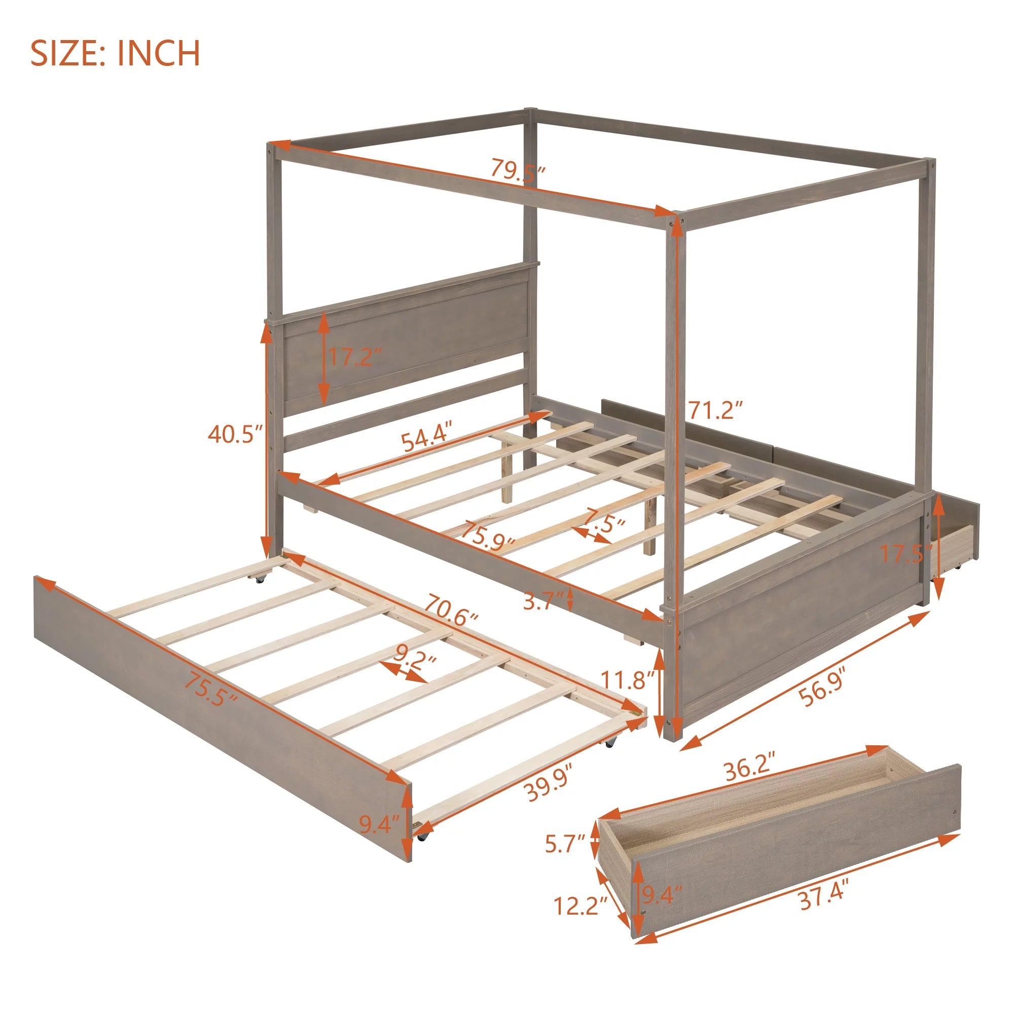 Light Brown Full Size Wood Canopy Platform Bed with 2 Drawers and Trundle F5333