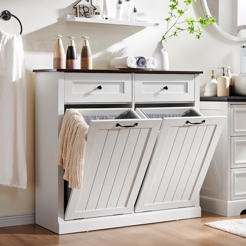 White 10 Gallon Tilt Out Laundry Hamper Cabinet with Drawer P8701