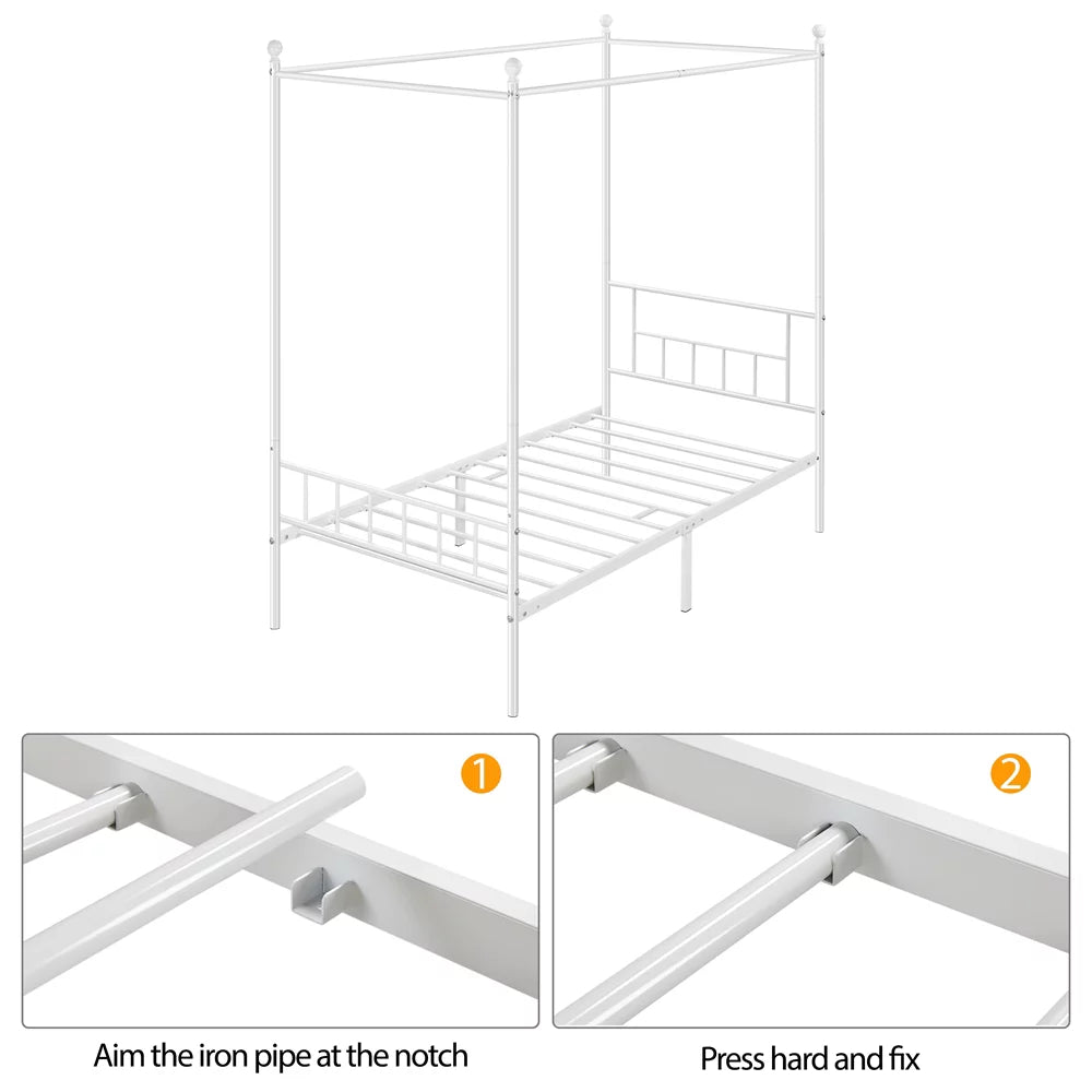 White Twin Metal Canopy Bed Frame with Headboard and Footboard G966182