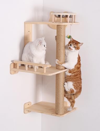 3 Levels 36" Wood Cat Wall Shelf with Feeder P78764