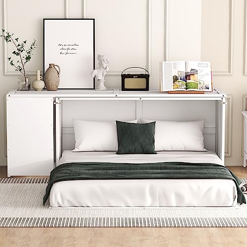 White Wood Queen Size Murphy Bed with Desk D7306