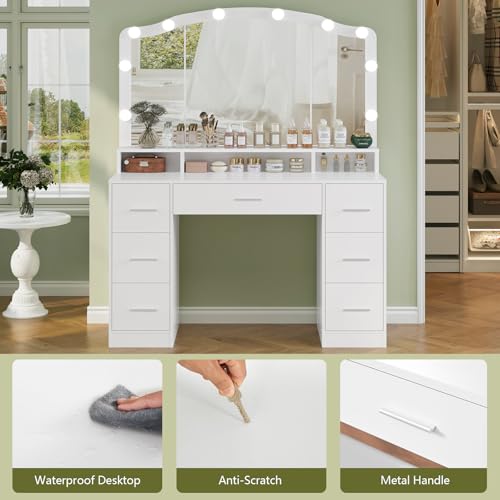 White 43.3" Vanity Desk with Lighted Mirror and 7 Drawers J9360