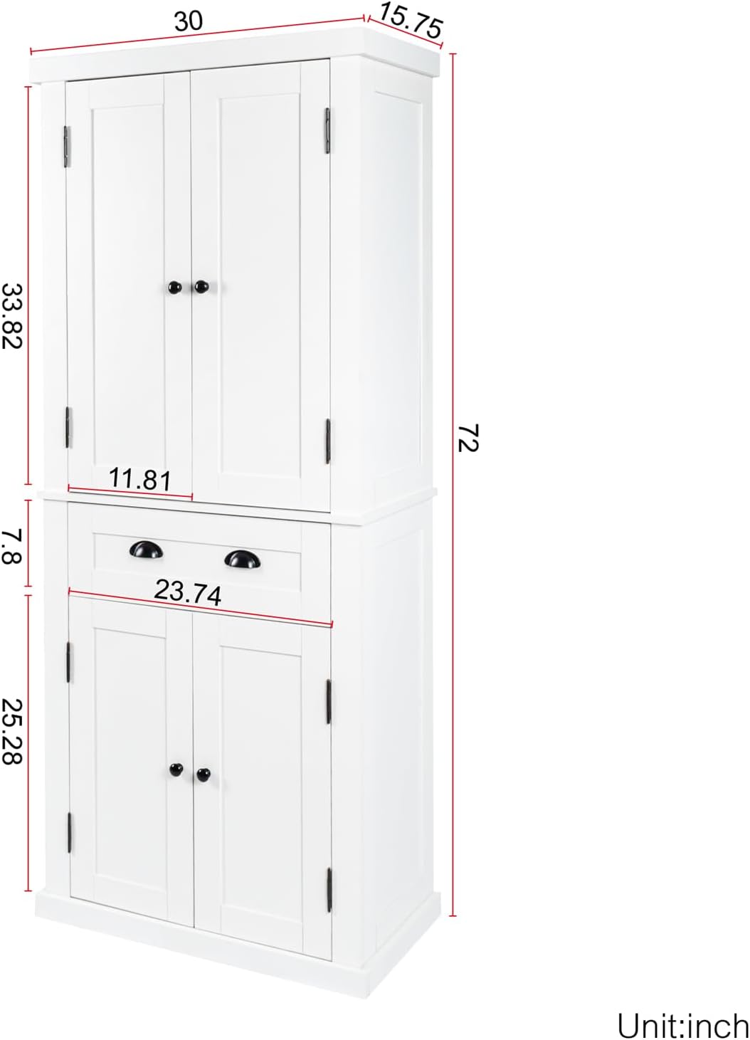White 4 Door Kitchen Pantry Storage Cabinet with Adjustable Shelves and Drawer D877