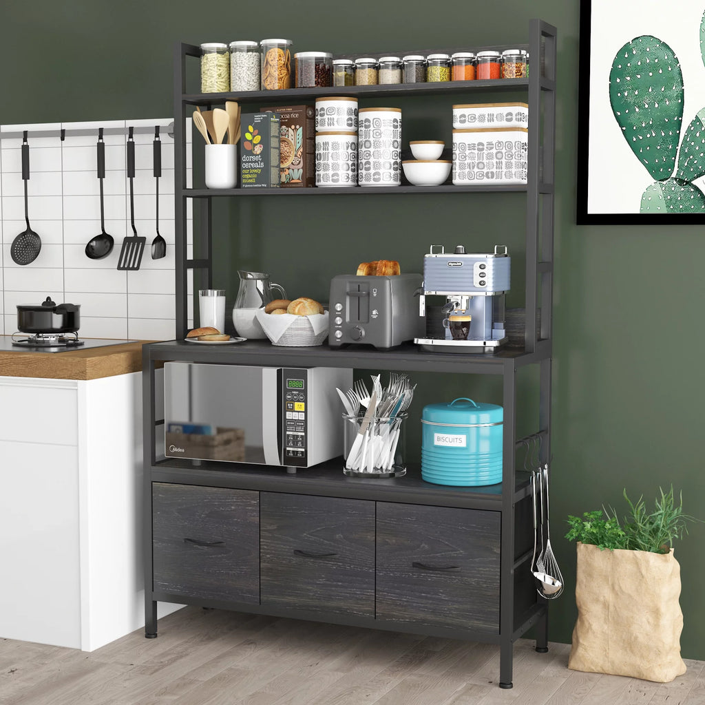 5-Tier Black Wood Kitchen Storage Shelf with Baskets and Hooks T8440
