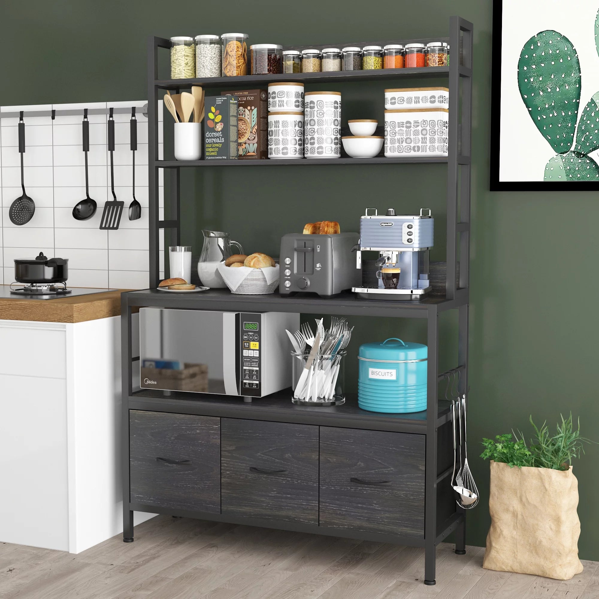 5-Tier Black Wood Kitchen Storage Shelf with Baskets and Hooks T8440