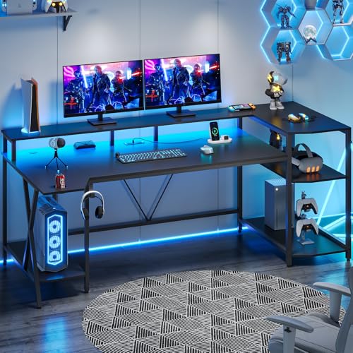 Black Gaming Desk with LED Lights and Storage Shelves E692046
