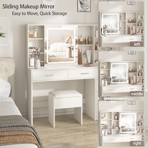 White Vanity Desk with Mirror and Lights 5 Drawers with Chair Y602