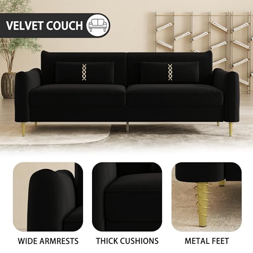 85 in 3-Seat Velvet Couch with Solid Wood Frame, 2 Pillows, Gold Legs Q25644
