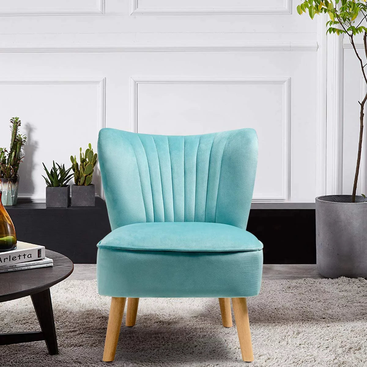 Velvet Armless Club Chair with Wood Legs F183292
