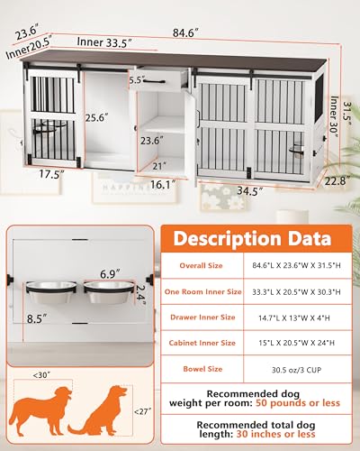 84.5" Double Medium Dog Crate Furniture with Drawer and Cabinet, Barn Sliding Doors, Rotatable Dog Bowls Feeder I207