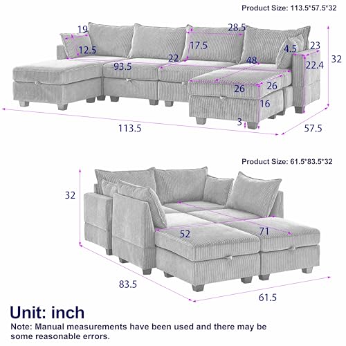 Oversized Modular Storage Sectional Sofa Soft Corduroy Upholstered Deep Seat Convertible Sleeper Couch Bed with 2 Pillows P36530