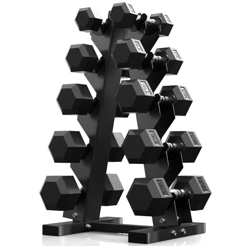 60-550lb Rubber Coated Hex Dumbbell Set with Rack Y455694