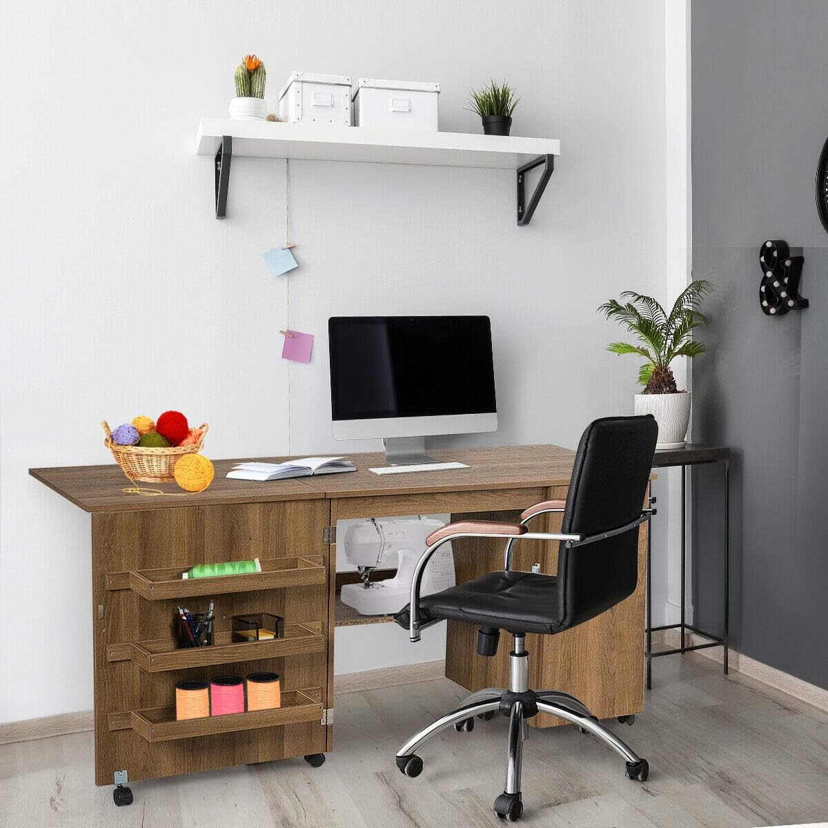Folding Sewing Craft Table with Storage Cabinet and Wheels Natural O121