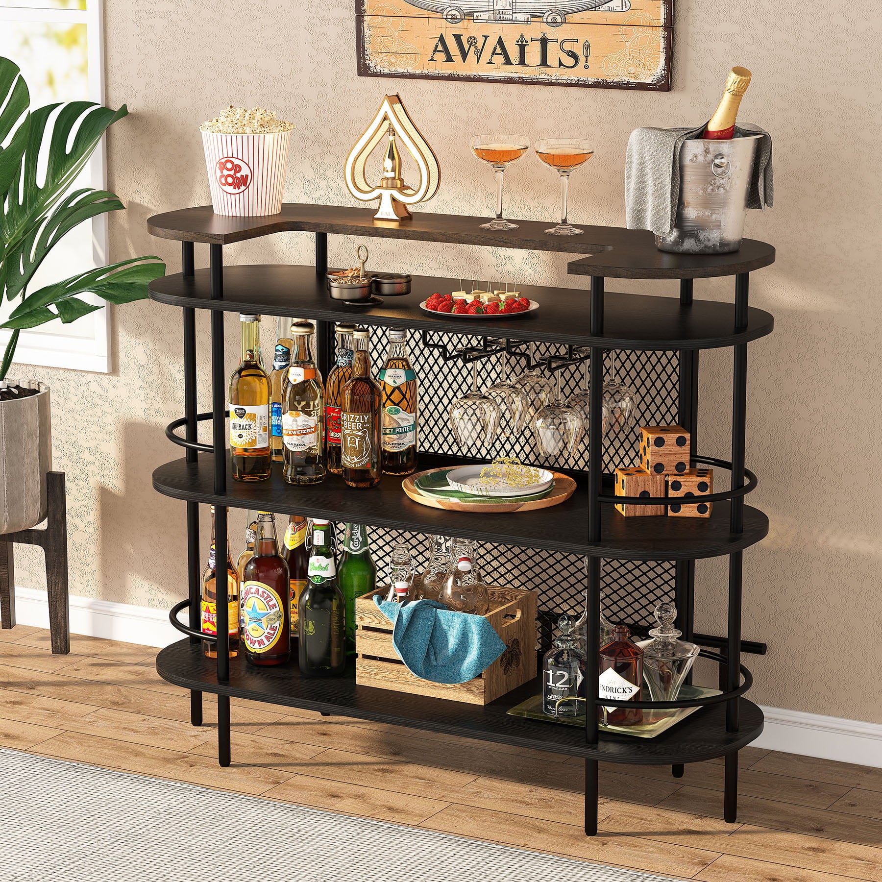 Black 4 Tier Bar Cabinet with Storage Shelves A1289
