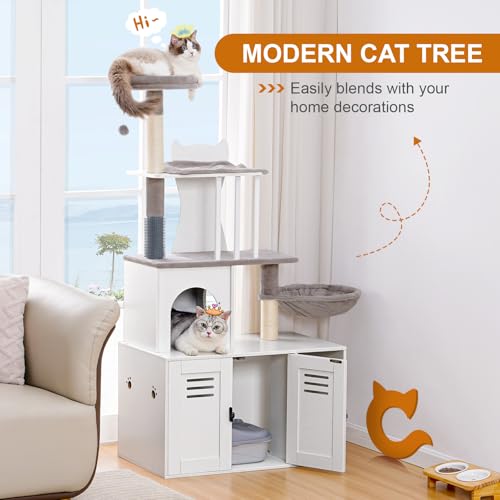 White 58.66’’ Wood Cat Tree with Litter Box Enclosure I809
