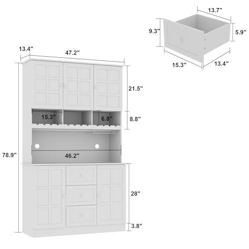 White Freestanding Wood Kitchen Pantry with Glass Doors, Drawers and Adjustable Shelves Q2805