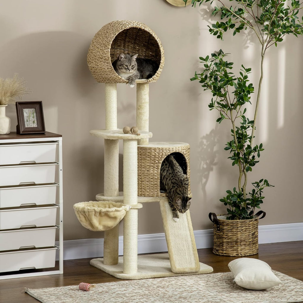 Beige Cat Tree with Cat Condo, Hammock, Perches, Scratching Posts, Ramp F632