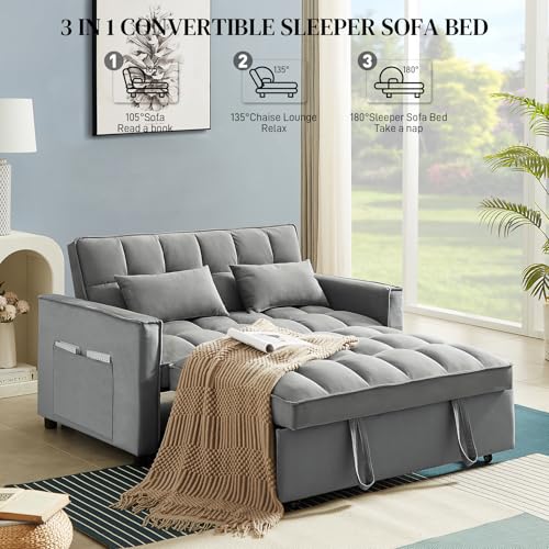 Beige Velvet Convertible Sleeper Sofa Bed with Pullout Bed E3769