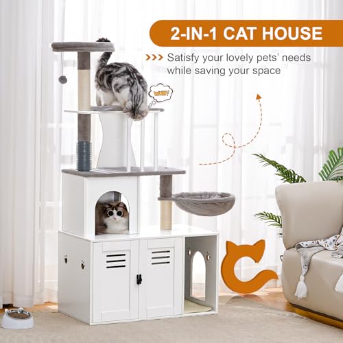 White 58.66’’ Wood Cat Tree with Litter Box Enclosure I809