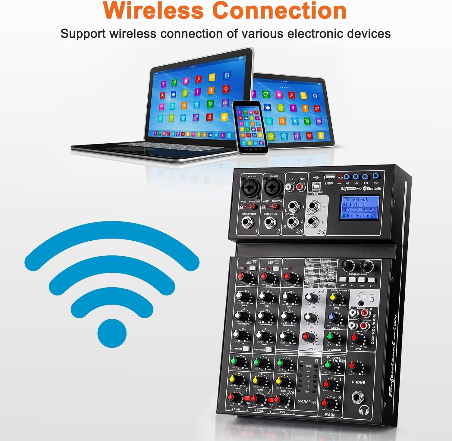 6 Channel Sound Mixer with USB MP3 Wireless Input 48V Phantom Power C7342