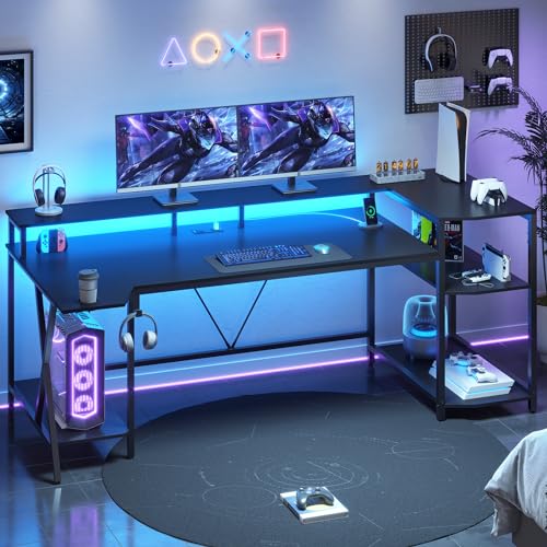 Black Gaming Desk with LED Lights and Storage Shelves E692046