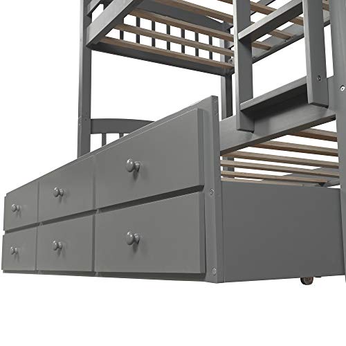 Twin Over Twin Solid Wood Bunk Bed with Storage Drawers and Trundle (Espresso) I26856