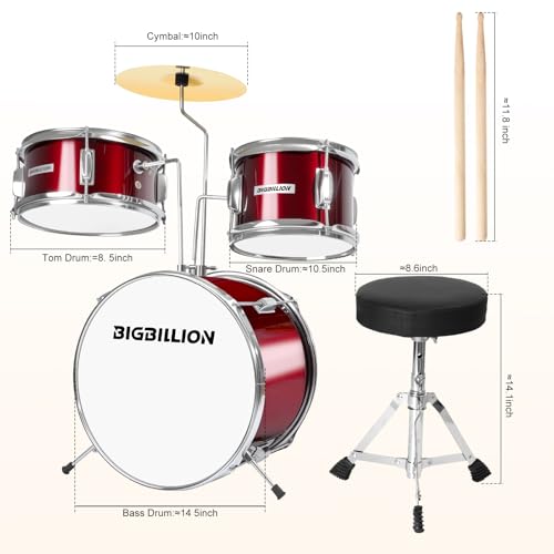 3-Piece 14'' Junior Drum Set with Bass Tom Snare Drum, Cymbal, Pedal, Drumsticks (Pink) F317