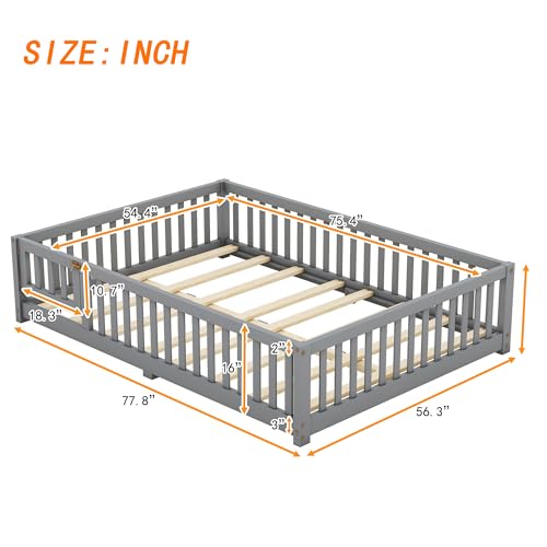 Gray Solid Wooden Kid Toddler Floor Bed with Safety Fence and Door U750537