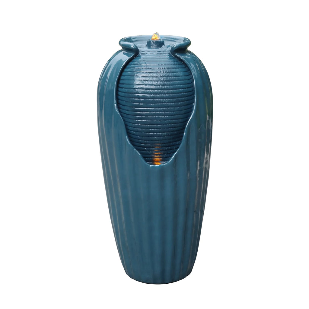 Blue Glazed Contoured Vase Water Fountain with LED Lights U500