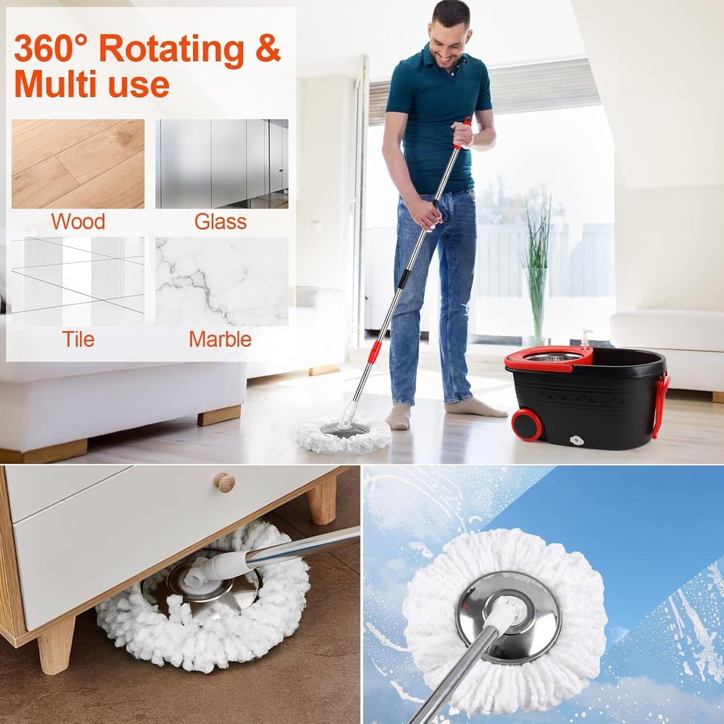 Spin Mop and Bucket with Wringer Set, 360° Rotating Mop Bucket System with 3 Microfiber Mop, Stainless Steel Floor Cleaning System F279