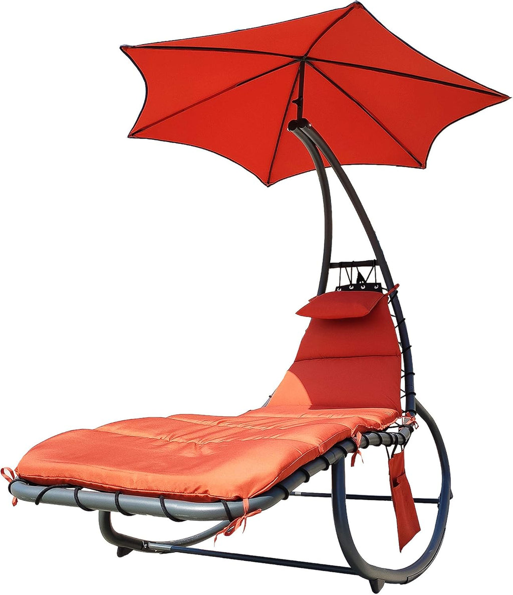 Orange Hanging Chaise Lounge Chair with Cushion, Pillow, Canopy, Stand, Storage Pouch D684581