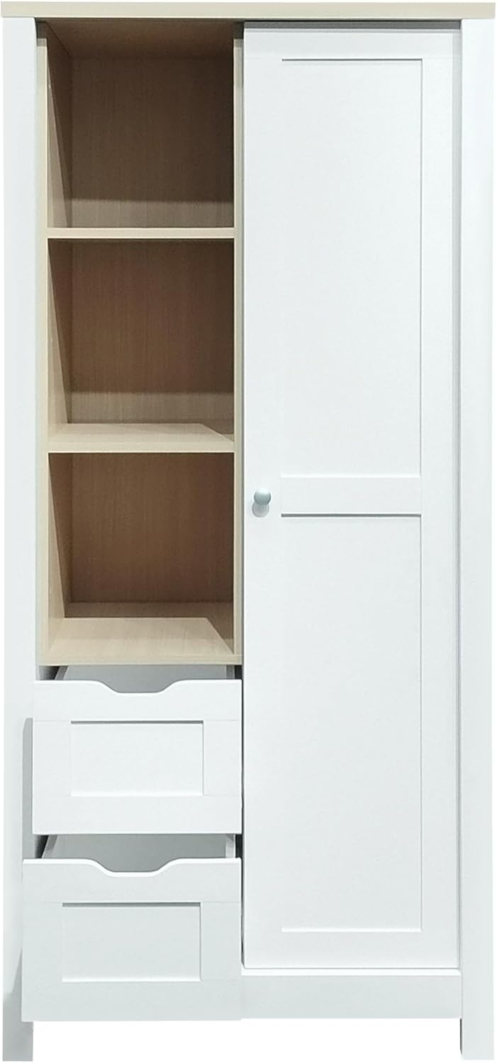 White Freestanding Wooden Wardrobe with 1 Sliding Door and 2 Drawers S1154