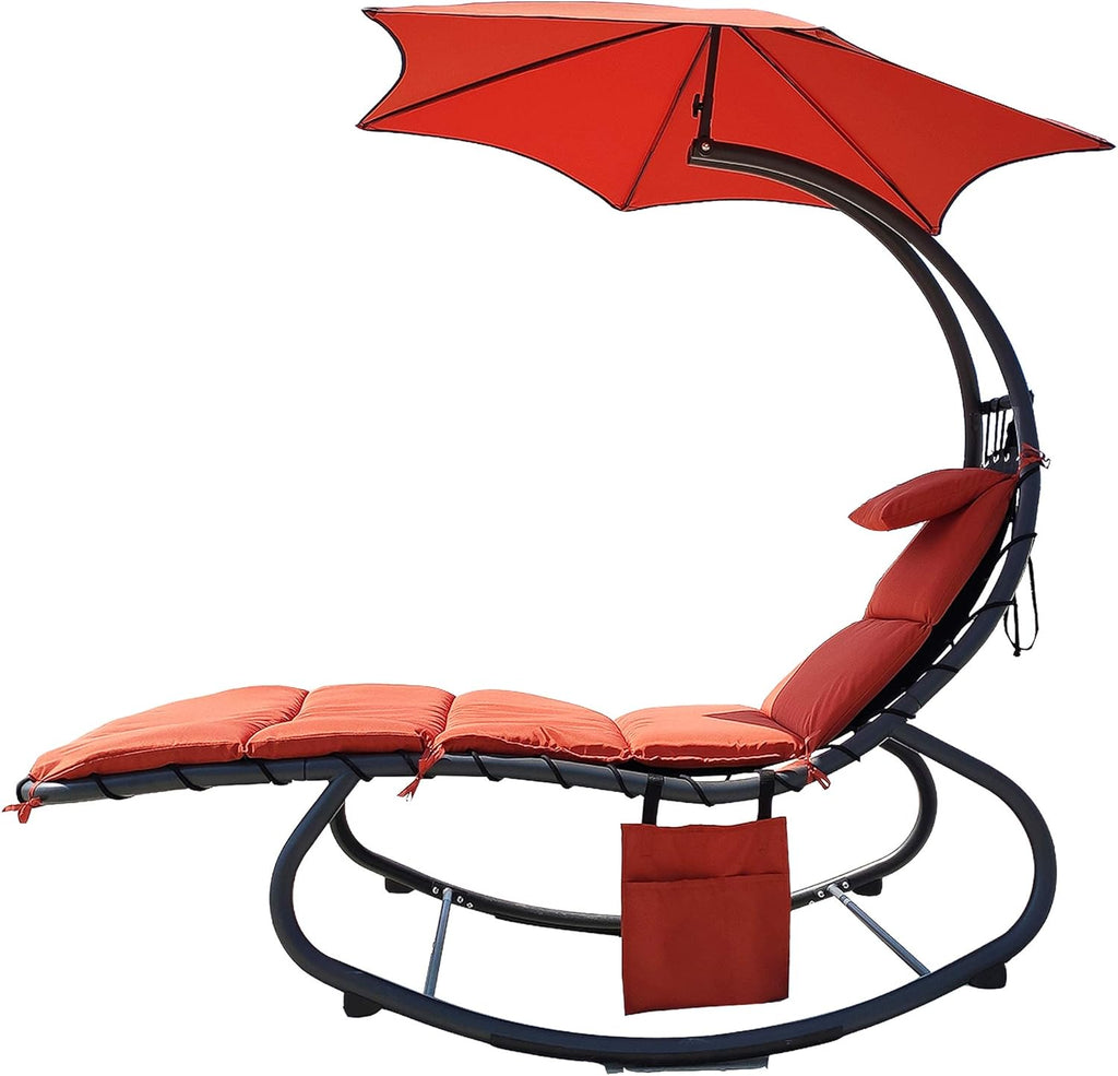 Orange Hanging Chaise Lounge Chair with Cushion, Pillow, Canopy, Stand, Storage Pouch D684581